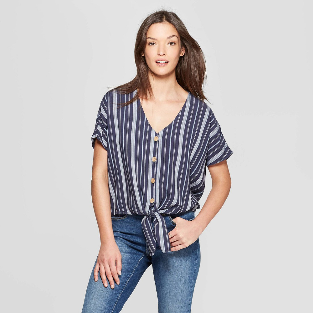 Striped Short Sleeve Tie Front Top
